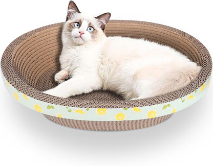 Oval Cat Cardboard Scratcher with Lounger Bed, High-Density Kitty Cat Scratching Pad for Indoor Cats Grinding Claws, Ergonomic Curved Furniture Couch Cat Scratch Protector, 17.3" × 13.6" × 4.5"1