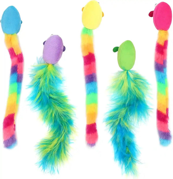 Jumpaws 5 Pack Interactive Catnip and Feather Cat Toys, Multi-Colored Mice with Long Feather Tail, Accessories for Indoor Cat, Catnip Plush Toys with Natural Feathers and Rattles7