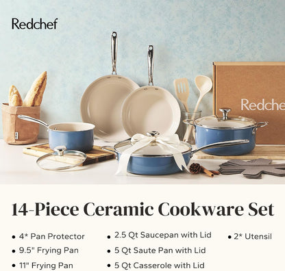 Ceramic Nonstick Cookware Set,14Pcs Pots and Pans Set Non Stick,Induction Cookware with Stainless Steel Handle,Non Toxic Kitchen Cooking Set,Dishwasher & Oven Safe,Pfas PFOA & PTFE Free（Blue）8