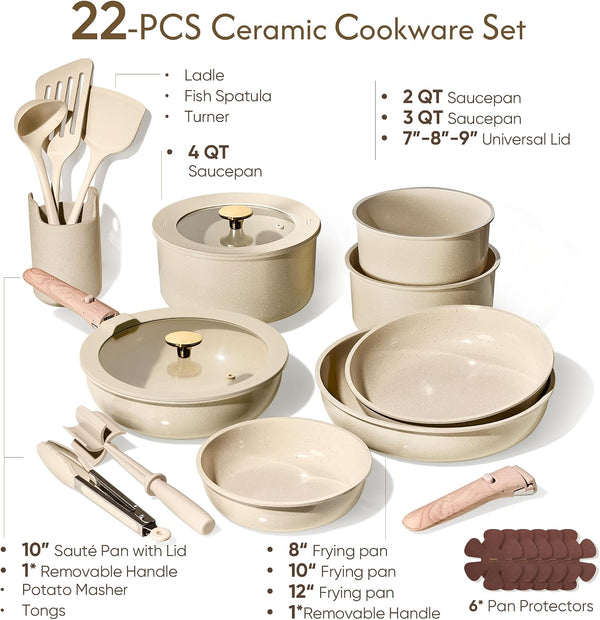 22PCS Pots and Pans Set Non Stick, Ceramic Cookware Set, RV Kitchen Cooking Set Removable Handles, Oven Safe, Induction Coolware, Non-Toxic Kitchen Cooking Set, PFAS and PFOA Free2