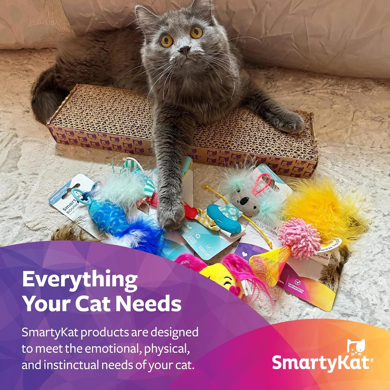 smartykat-scratch-n-spin-carpet-cat-scratching-post-with-2-spinning-wand-toys-plus-2-replacement-wands-gray-blue