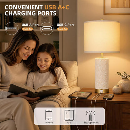 25.5" Boho Ceramic Table Lamps Set of 2 with 3-Way Dimmable Bulb | Modern Table Lamp with USB A+C Ports, Rotary Switch, Bedside Lamp with Linen Shade, for Bedroom Living Room (Bulb Included)4