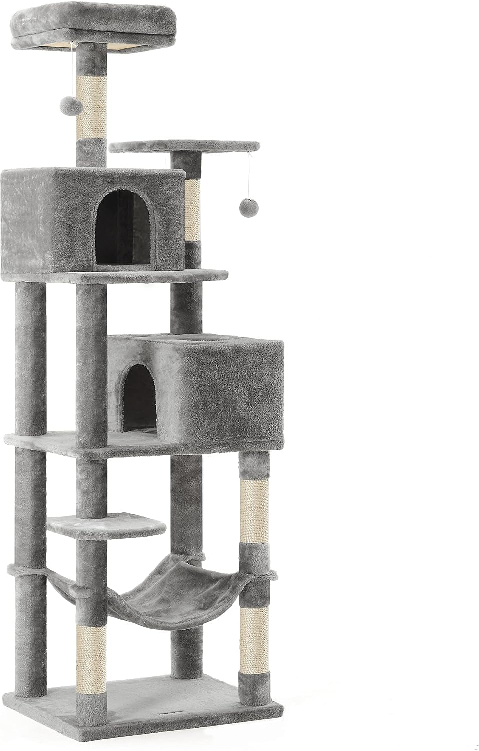 feandrea-cat-tree-59-5-inch-tall-cat-tower-plush-multi-level-condo-with-5-scratching-posts-2-perches-2-caves-hammock-2-pompoms-light-gray-upct192w01