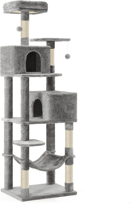 Feandrea Cat Tree, 59.5-Inch Tall Cat Tower, Plush Multi-Level Condo with 5 Scratching Posts, 2 Perches, 2 Caves, Hammock, 2 Pompoms, Light Gray UPCT192W0121