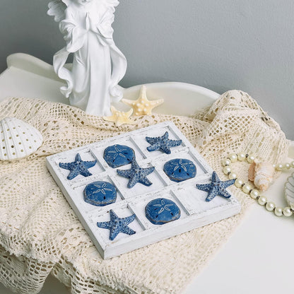 Beach Decor Tic Tac Toe 5 Sand Dollars & 5 Starfish Pieces Wood Board Travel Game for Coastal House Coffee Table Decor, Blue3