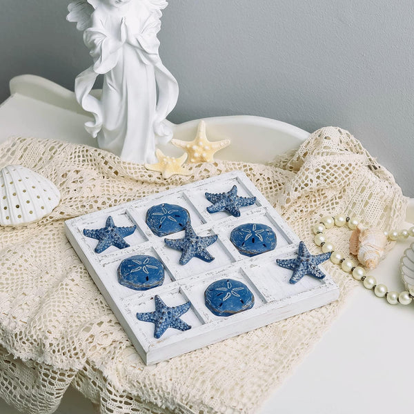 Beach Decor Tic Tac Toe 5 Sand Dollars & 5 Starfish Pieces Wood Board Travel Game for Coastal House Coffee Table Decor, Blue3