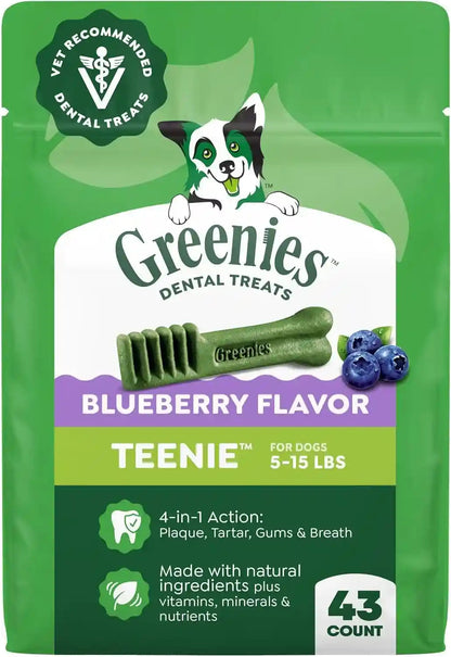 Greenies Teenie Natural Dental Dog Treats, Fresh Mint Flavor, 43 Count | Veterinarian-Recommended, for Dogs 5-15 Lbs, Cleans Teeth, Freshens Breath, Promotes Oral Health, 12 Oz. Pack18
