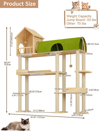 60'' Cat Tree for Automatic Litter Box, for Heavy Cats up to 22Lbs | Solid Wood Large Cat Tower with Tunnel & House, Space-Saving for Indoor Multi-Pet Households, Stops Furniture Scratching2