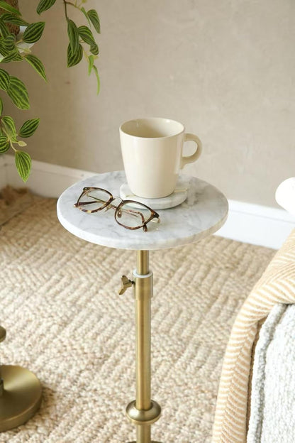 Adjustable 10" White Marble Drink Table with 2 Coasters, Antique Brass⁠ | Adjustable 10" round Martini End Table & Pedestal Side Table. White Marble and Antique Brass Finish.⁠7