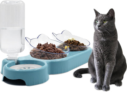 Triple Cat Bowls,15°Tilt 3-In-1 Water Feeder Bowls Cat Double Food Bowls with Automatic Water Bottle Bowl, Whisker Friendly Wet and Dry Cat Elevated Feeding Dishes for Small Cat and Puppy (Pink)10