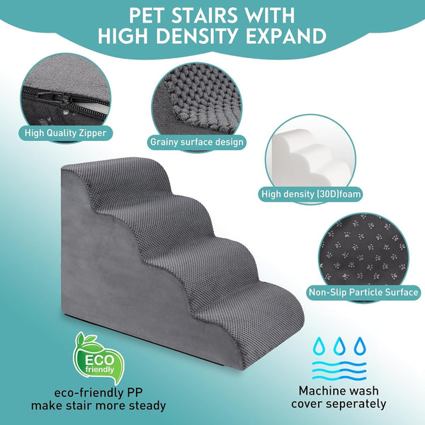 Dog Stairs for Small Dogs, 19.7" H Pet Stairs 4-Steps Ramp for Puppy, Older Cat, Stairs with Whole 30D High Density Foam, Corduroy Fabric, Non-Slip Bottom Dog Steps for Bed and Couch (Grey, 4-Step)4