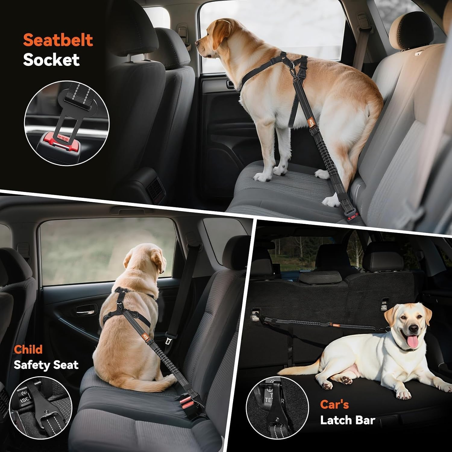 2pcs-dog-seat-belt-dog-car-seat-belt-bungee-for-pet-black-buckle-hook-latch-adjustable-reflective-pet-vehicle-tether-360-swivel-lock-clasp