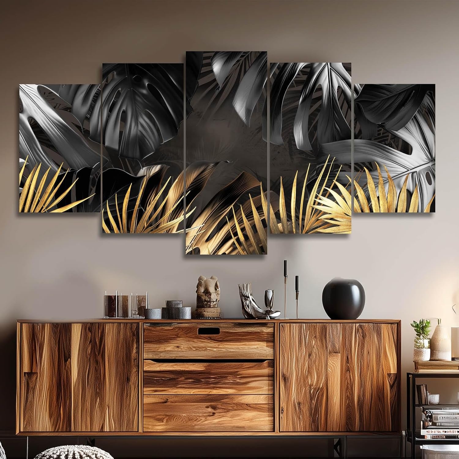black-and-gold-leaves-painting-wall-decor-for-living-room-nature-canvas-art-modern-artwork-framed-prints-for-home-bedroom-picture-poster-5-pieces-ready-to-hang-12x20x2pcs-12x28x2pcs-12x32