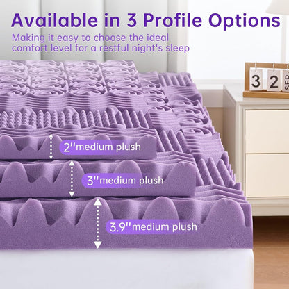 3 Inch 7-Zone Queen Mattress Topper, Egg Crate Memory Foam Mattress Topper Queen Size for Back Pain, Lavender Gel Infused Bed Pad, Certipur-Us and Oeko-Tex Certification (60"×80")6