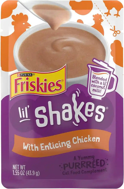Purina Friskies Pureed Cat Food Topper, Lil’ Shakes with Enticing Chicken Lickable Cat Treats - (Pack of 16) 1.55 Oz. Pouches1