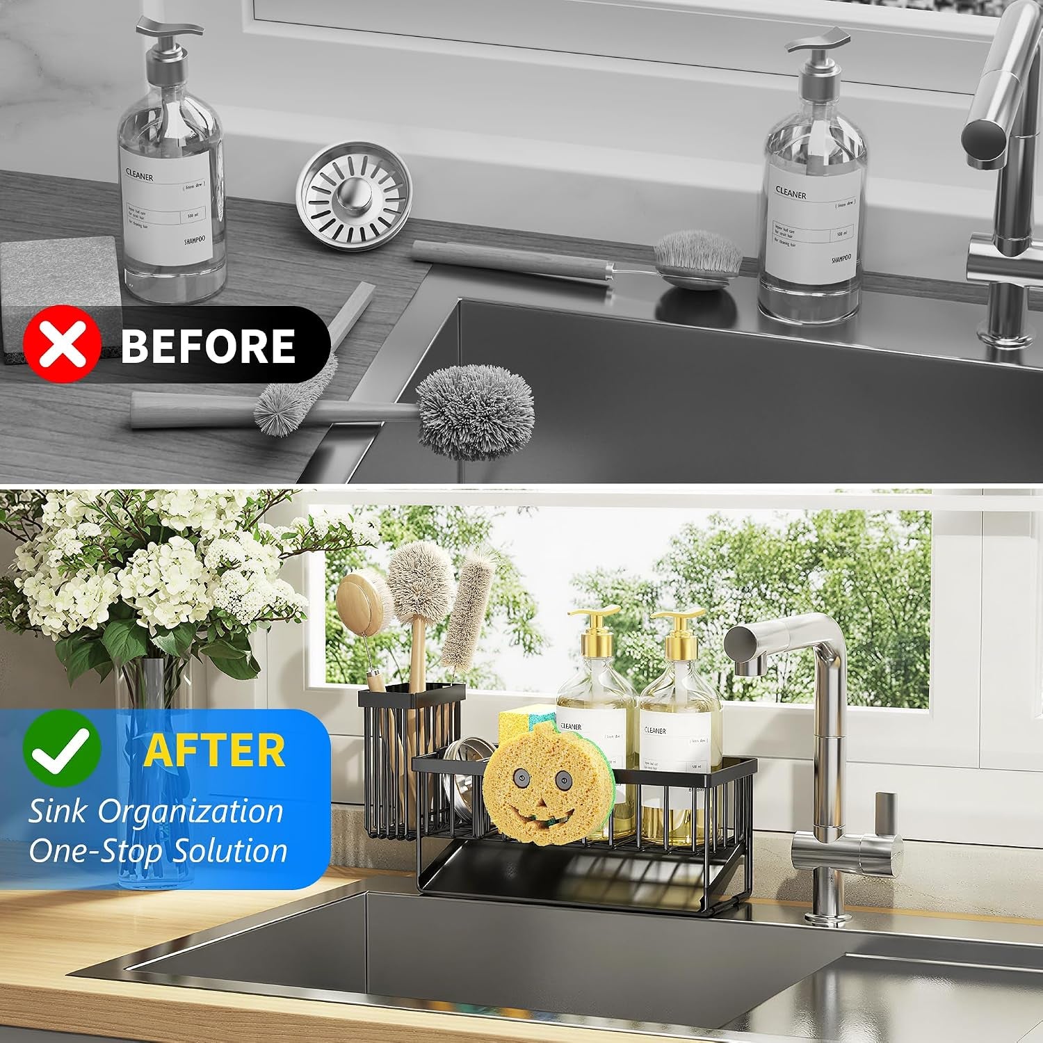 kitchen-sink-caddy-organzier-with-high-brush-holder-sponge-holder-for-sink-304-rustproof-stainless-kitchen-countertop-soap-dispenser-organizer-black-with-smiley-face-holder-9-25