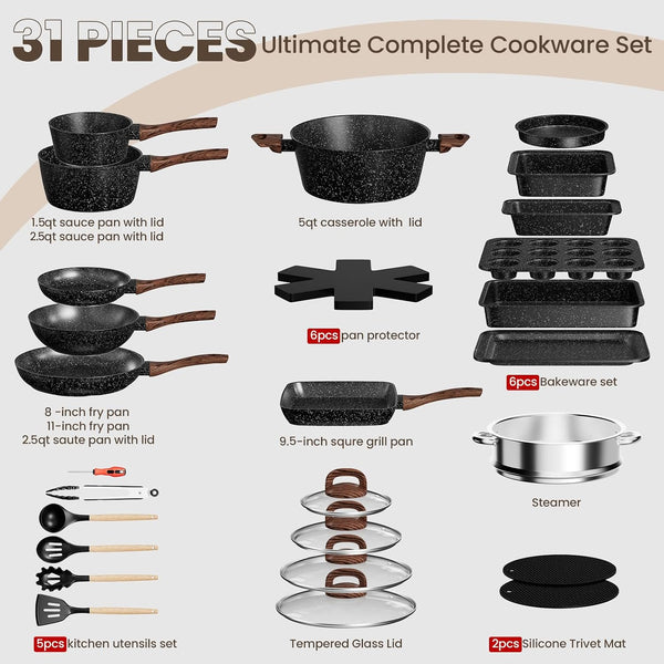 Pots and Pans Set Non Stick, 31 Piece Kitchen Induction Cookware & Bakeware Set, Nonstick Kitchen Cooking Pans Set with Frying Pans Set Grill Pan Saucepan Baking Sheet & Utensils, PFOA Free2
