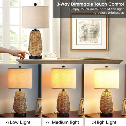Touch Control Rattan Table Lamp, 3 Way Dimmable Bedside Lamp for Bedroom with 2 USB Ports and AC Outlet, Nightstand Lamps for Living Room(Led Bulbs Included), Grass-1Pk2