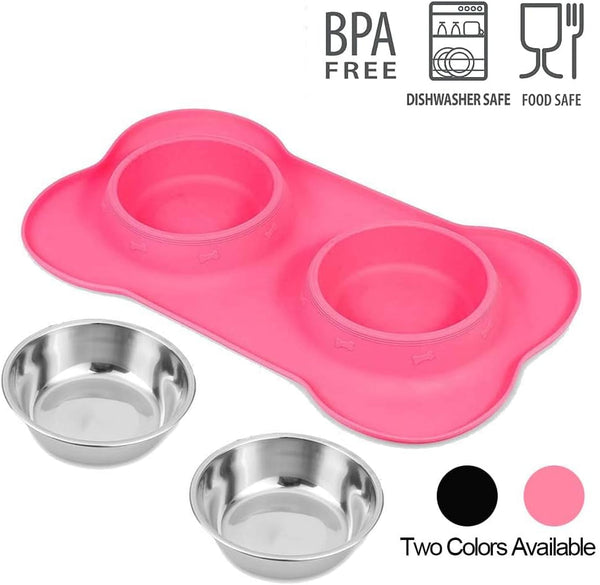 Asfrost Dog Food Bowls Stainless Steel Pet Bowls & Dog Water Bowls with No-Spill and Non-Skid, Feeder Bowls with Dog Bowl Mat for Dogs Cats and Pets-Pink, 24 0Z in Total3
