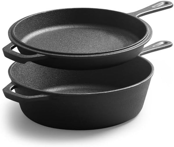 Cast Iron Double Dutch Oven Pot with Skillet Lid, Cast Iron Skillet 10 Inch & Dutch Oven 3 Quart for Grilling, Searing, Baking (3 Quarts)3