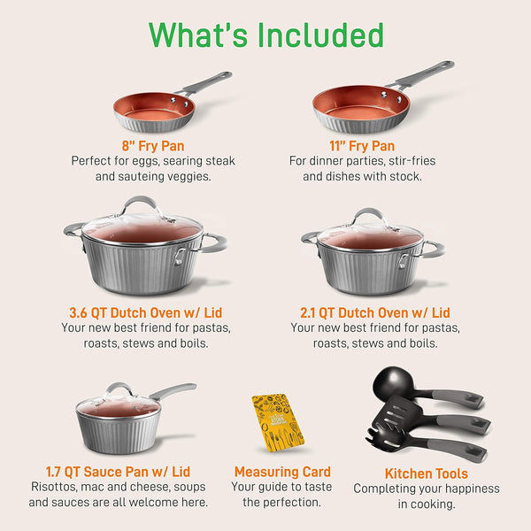 Nonstick Cookware Excilon |Home Kitchen Ware Pots & Pan Set with Saucepan, Frying Pans, Cooking Pots, Lids, Utensil PTFE/PFOA/PFOS Free, 11 Pcs, Gray2