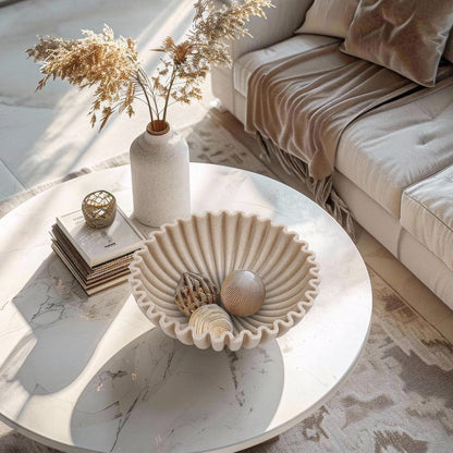 Large Decorative Bowl, Modern Handicraft Bowls for Home Decor, Fruit Bowl for Kitchen Counter, Ruffle Decor, Stylish Key Bowl for Entry Table, Artificial Stone Beige6