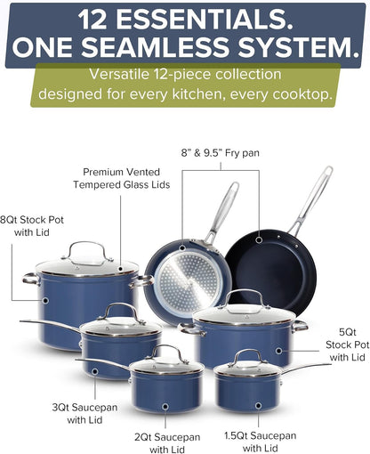 Healthy G11-Pots and Pans Set Non Stick, Works on All Stovetops | 9H Near-Diamond Hardness Scratch-Resistant, PFAS Free, with Frying Pans, Saucepans & Glass Lids, Stay-Cool Handles, Cool Gray3