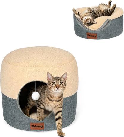 2-In-1 Foldable Cat Bed for Indoor Cats, Cat Cave & Sofa Bed | 15.7"D X 13"H, Reversible Plush & Linen Cushion,Enclosed Cat Bed, Hanging Cat Toys, Non-Slip, Small Cat House, Grey9