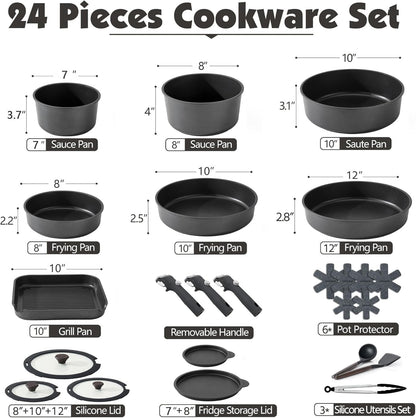 24 Piece Nonstick Detachable Handle Pots and Pans Set Black | Removable Handle Cookware Set, Induction Cookware Set with Removable Handle, Healthy Non Stick for RV, Dishwasher ＆ Oven Safe2