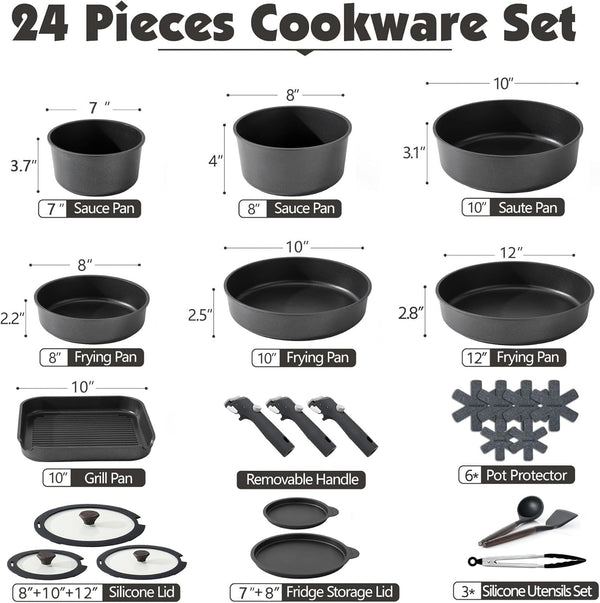 24 Piece Nonstick Detachable Handle Pots and Pans Set Black | Removable Handle Cookware Set, Induction Cookware Set with Removable Handle, Healthy Non Stick for RV, Dishwasher ＆ Oven Safe2