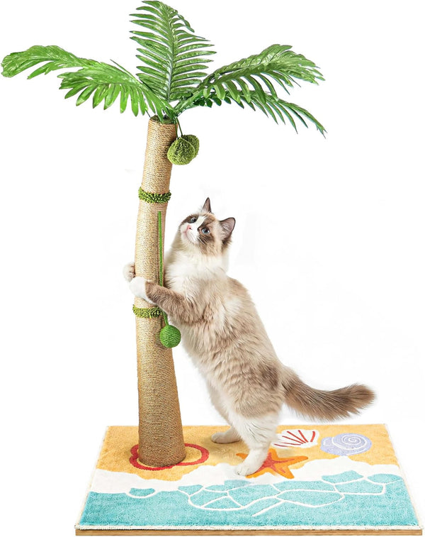 Tall Cat Scratching Post for Indoor Cats Adults, 33'' Large Cat Scratch Post with Perch, Cute Cat Scratching Post with Boho Carpet ＆ Dangling Ball Toys, White11