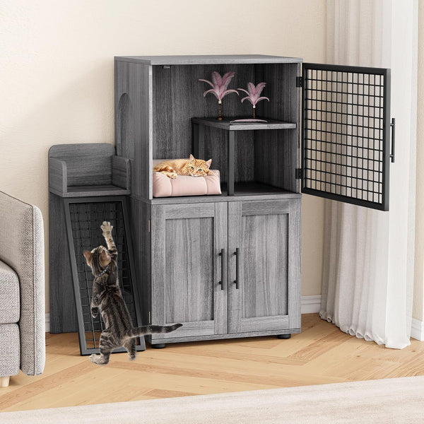 IDEALHOUSE Modern Cat Litter Box Enclosure with Platform, Double Layer Hidden Litter Box, Indoor Washroom, Villa Cat House with Ladder, 33.5" L X 17.9" W X 41.9" H,Dark Grey5
