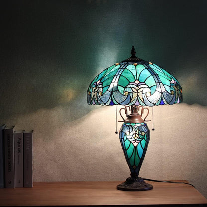 Tiffany Lamp 16" Cyan Green Stained Glass Table Lamp for Living Room | 3-Lights Victorian Style Turquoise Nightstand Bedside Desk Lamp with Nightlight for Bedroom Office W16" X H23"2