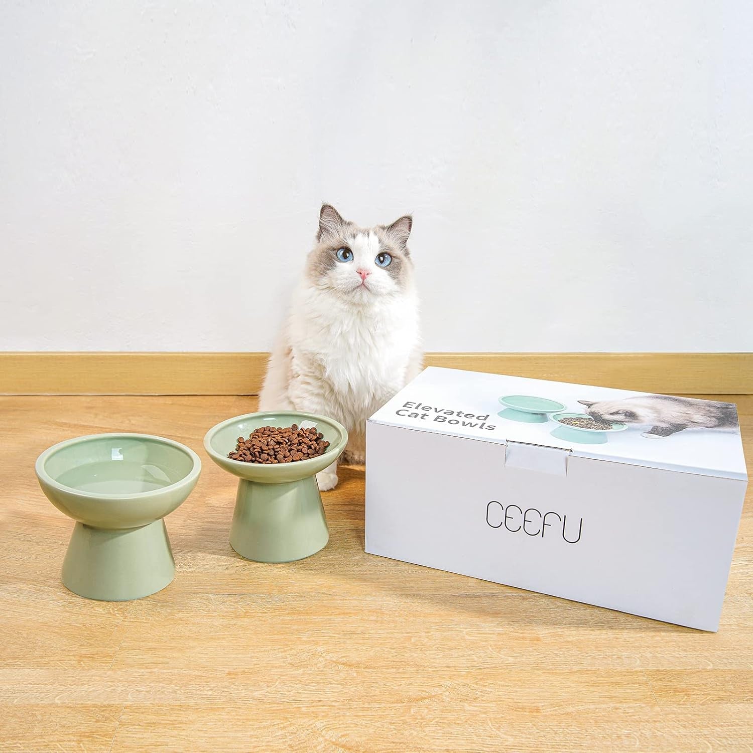 ceefu-2-pack-elevated-ceramic-cat-bowls-extra-wide-for-food-water-anti-vomiting-whisker-friendly-shallow-food-dish-and-deep-water-bowl-lead-cadmium-free-raised-height-for-cats-sage-green