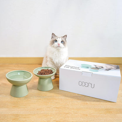 CEEFU 2-Pack Elevated Ceramic Cat Bowls Extra Wide for Food & Water | anti Vomiting, Whisker Friendly, Shallow Food Dish and Deep Water Bowl, Lead&Cadmium-Free, Raised Height for Cats, Sage Green8