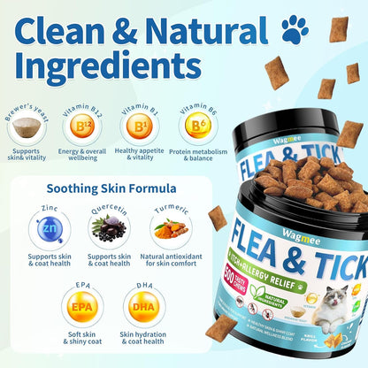 Natural Cat Flea Treatment Chewables, 500 Crunchy & Creamy Tasty Chews | Flea and Tick Prevention for Cats with Skin & Coat Support, Oral Flea & Tick Supplement & Allergy Relief for Cats, Chicken4
