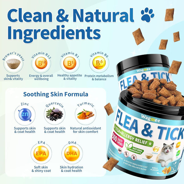 Natural Cat Flea Treatment Chewables, 500 Crunchy & Creamy Tasty Chews | Flea and Tick Prevention for Cats with Skin & Coat Support, Oral Flea & Tick Supplement & Allergy Relief for Cats, Chicken4