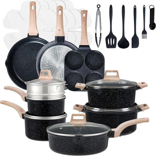 25Pcs Ceramic Cookware Set, Nonstick & Non-Toxic Healthy Pots and Pans, Heat-Resistant Handles, Induction Cookware Sets with Frying Pans, Black1