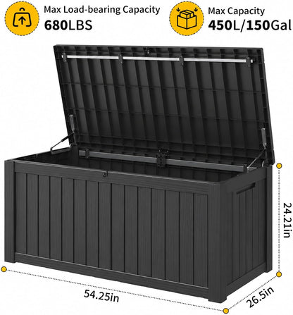Outdoor Storage Box, 150 Gallon Large Outdoor Resin Deck Box, Storage Waterproof Boxes Lockable Lid for Garden Tools, Pool Supplies, Patio Furniture and Cushions, Black3