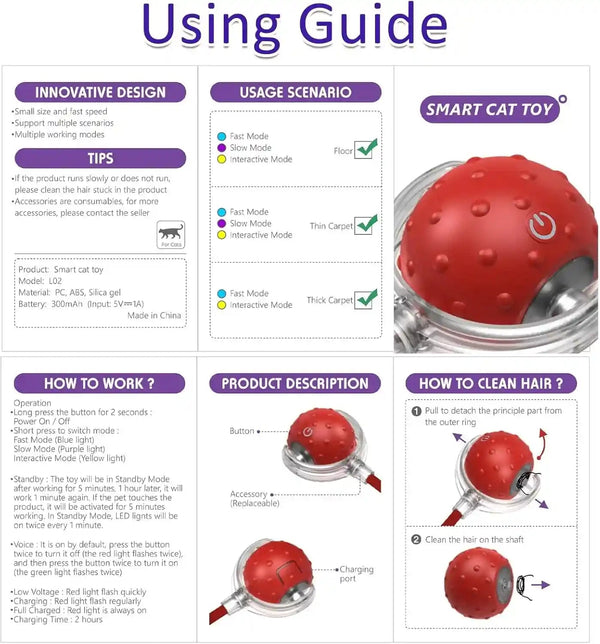 Giociv Interactive Cat Toys Ball for Indoor Cats Fast Rolling on Carpet, Chirping & Motion Activate Cat Toys (Red)7