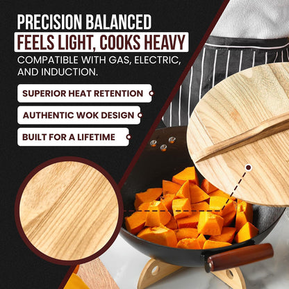 Pre-Seasoned Cast Iron Nonstick Stir-Fry Pan | Dual Handles & 4 Spatulas | Flat Bottom Wok with Wooden Lid & Wood Handle | Traditional Chinese Induction Wok (36Cm)5
