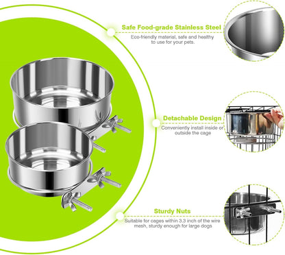 2 Pcs Small Pet Dog Food Water Bowl for Cage Stainless Steel Non-Spill Kennel Hanging Cats Pets Bowls with Clamp Holder Crate Feeder Dish for Small Dogs Pets (4.7X1.9'' & 3.9X1.7'')5