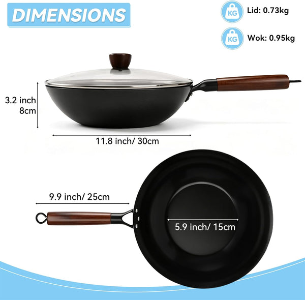 12-Inch/13-Inch Carbon Steel Wok Pan with Glass Lid Pre-Seasoned Flat Bottom Woks & Stir-Fry Pans Nonstick Compatible with Induction, Gas, Electric, Open Fire for Grill Camping3