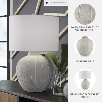 Signature Design by Ashley Living Room Table Lamp, 3-Way, Vintage Gray | Textured Warm Gray Polyresin Base with 3-Way Lighting and Cotton Blend Drum Shade, Vintage Farmhouse Style, Calbert Series3