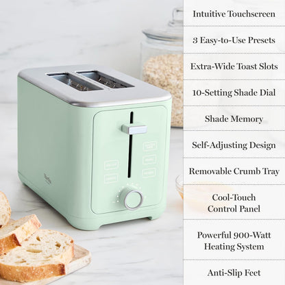2-Slice Toaster, 3 Presets & 10 Shade Settings, Honeydew | Gluten-Free, Bagels, Extra-Wide Self Centering Slots, Waffles & Artisan Bread, Shade Memory, Cord Wrap & Removable Crumb Tray10