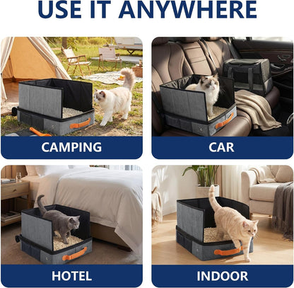 MORAIS Portable Travel Litter Box for Cats, 17.7"×13.5"×11" Collapsible Cat Litter Box with Lid, Leak-Proof Cat Litter Pan for Car Hotel Airplane, Waterproof & Easy to Carry- Gray3