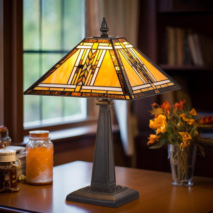 Tiffany Lamp Mission Style Stained Glass Table Lamp 12" Desk Light | Antique Style Mideium Size Nightstand Bedside Reading Lamp for Living Room Bedroom Office W12" X H19"1