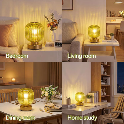 Green Touch Glass Table Lamp, 3-Way Dimmable Bedside Lamp, Vintage Mid-Century Modern Small Nightstand Lamp for Bedroom and Living Room, Ambient Mood Lighting, LED Bulb Included4