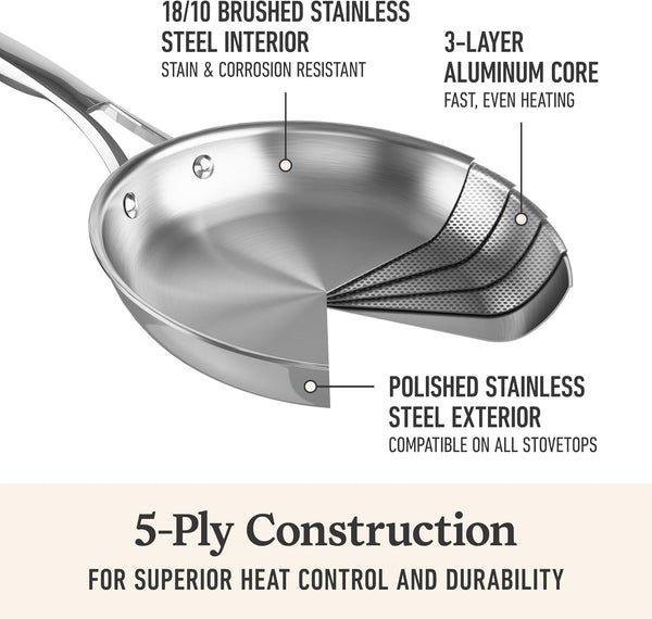 Calphalon Premier Polished 5-Ply Stainless Steel Cookware Set W/Turbo Heat Tech 4.5Qt Chef'S Pan with Lid, Induction, Oven Safe 500F, PFOA Free, Polished Stainless Silver4