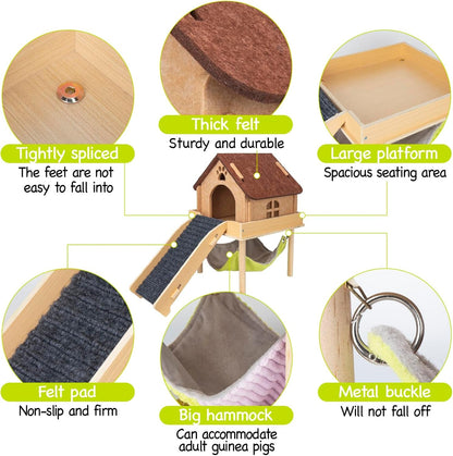 BESNEW 3 in 1 Enlarged Guinea Pig Hammock,Wooden Guinea Pig Hideout with House & Platform & Stairs Small Animal Toys for Hiding Sleeping Activities5